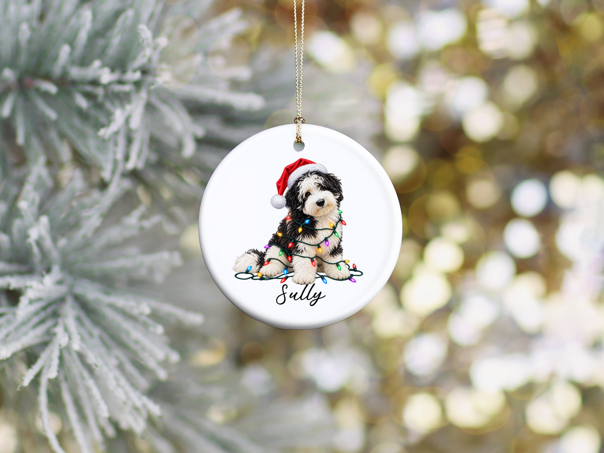 Sheepadoodle Personalized Christmas Ornament, Custom Dog Name Ceramic Keepsake, Sheepadoodle Lover Gift