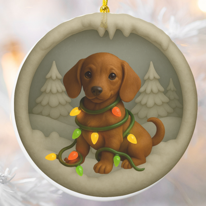 Personalized Red Dachshund Christmas Ornament, 3D Clay-Style Dog Keepsake with Lights