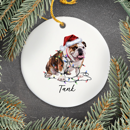 Personalized Bulldog Christmas Ornament, Ceramic Dog Lover Keepsake, Festive Lights Decoration