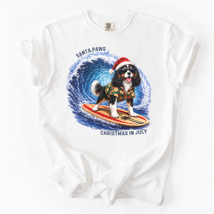 Christmas in July Gift for Tricolor Cavalier Lovers, Santa Paws Beach Shirt
