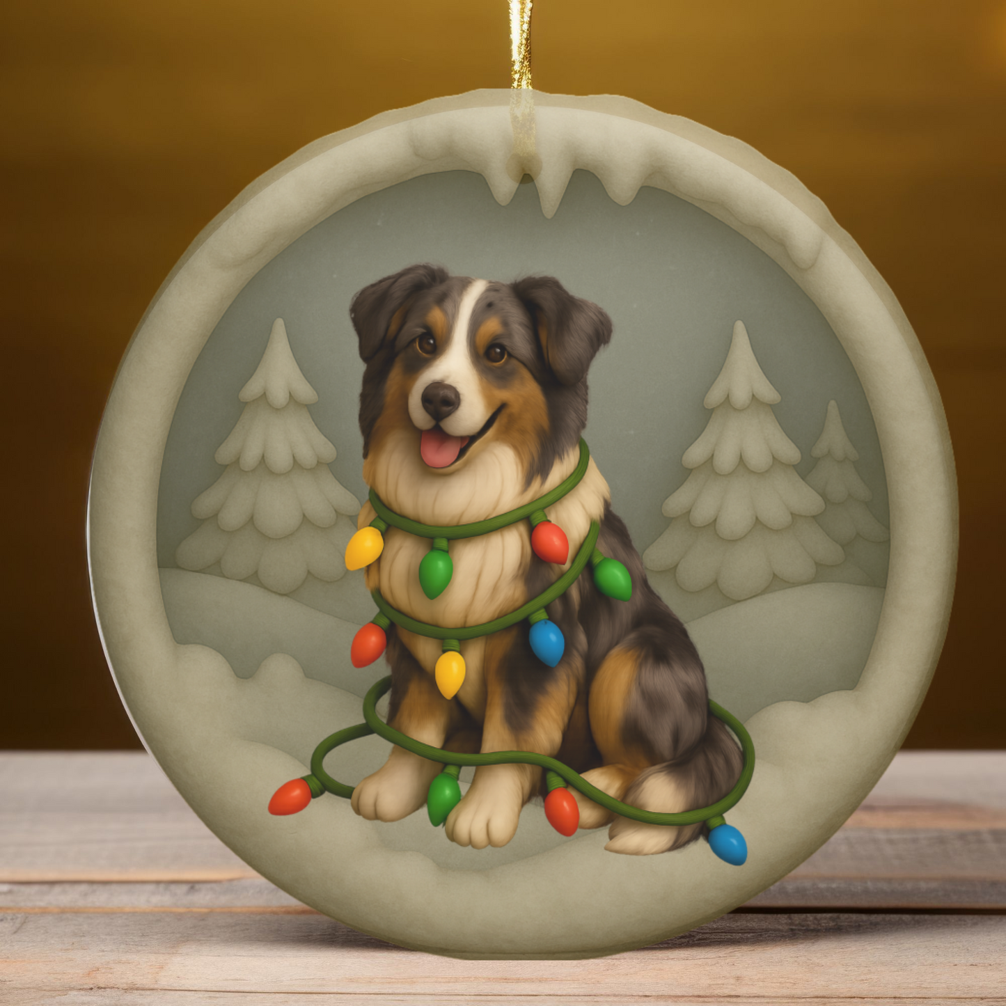 Personalized Australian Shepherd Christmas Ornament, Custom Aussie with Holiday Lights Keepsake