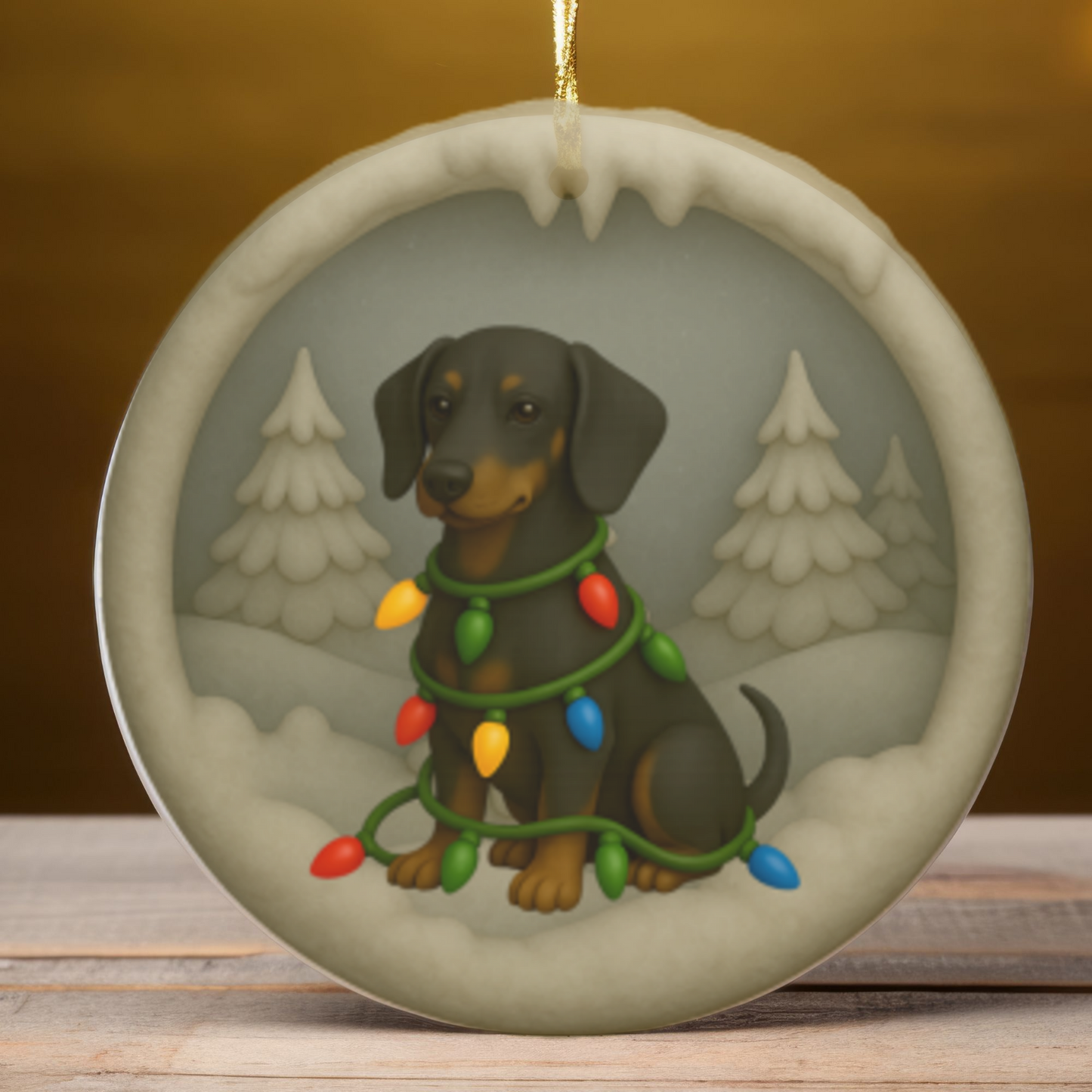 Personalized Black & Tan Dachshund Christmas Ornament, 3D Clay-Style Dog Keepsake with Lights