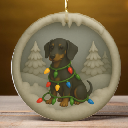 Personalized Black & Tan Dachshund Christmas Ornament, 3D Clay-Style Dog Keepsake with Lights