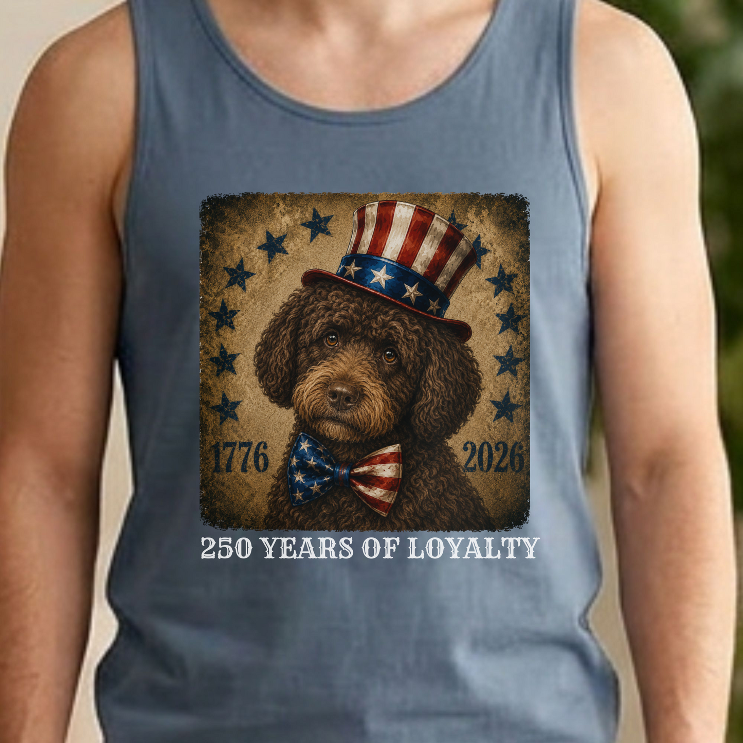 Brown Portuguese Water Dog Patriotic Tank Top, 250 Years Loyalty