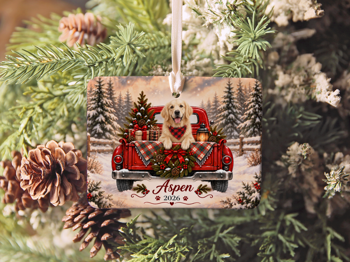 Personalized English Cream Golden Retriever Ornament, Christmas Red Truck, Custom Name and Year