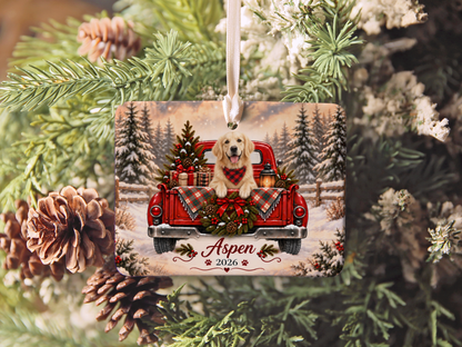 Personalized English Cream Golden Retriever Ornament, Christmas Red Truck, Custom Name and Year
