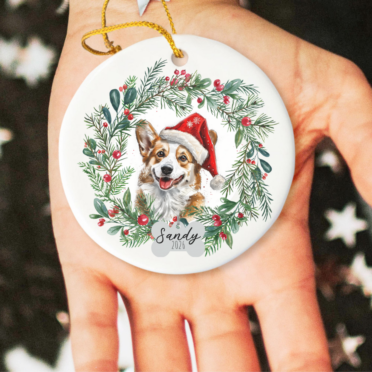 Personalized Corgi Wreath Ornament