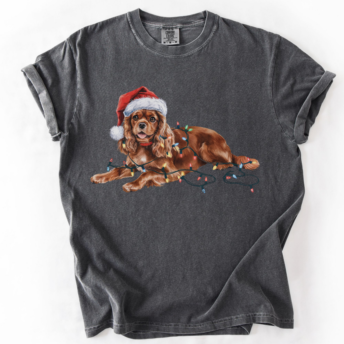 Ruby Cavalier King Charles Spaniel Christmas Shirt, Festive Dog Tee, Holiday Gift for Dog Lovers, Santa Hat Dog T-Shirt, Cute Dog Art