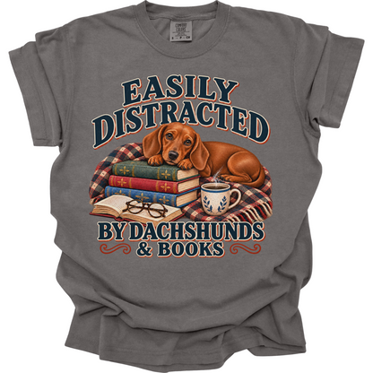 Red Dachshund Shirt, Easily Distracted by Dachshunds and Books, Doxie Mom Book Lover Tee