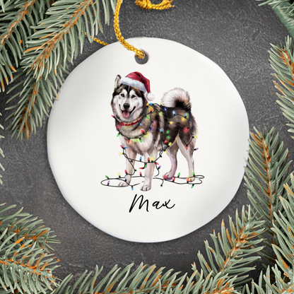 Personalized Alaskan Malamute Christmas Ornament, Dog Name Decor, Ceramic Pet Gift