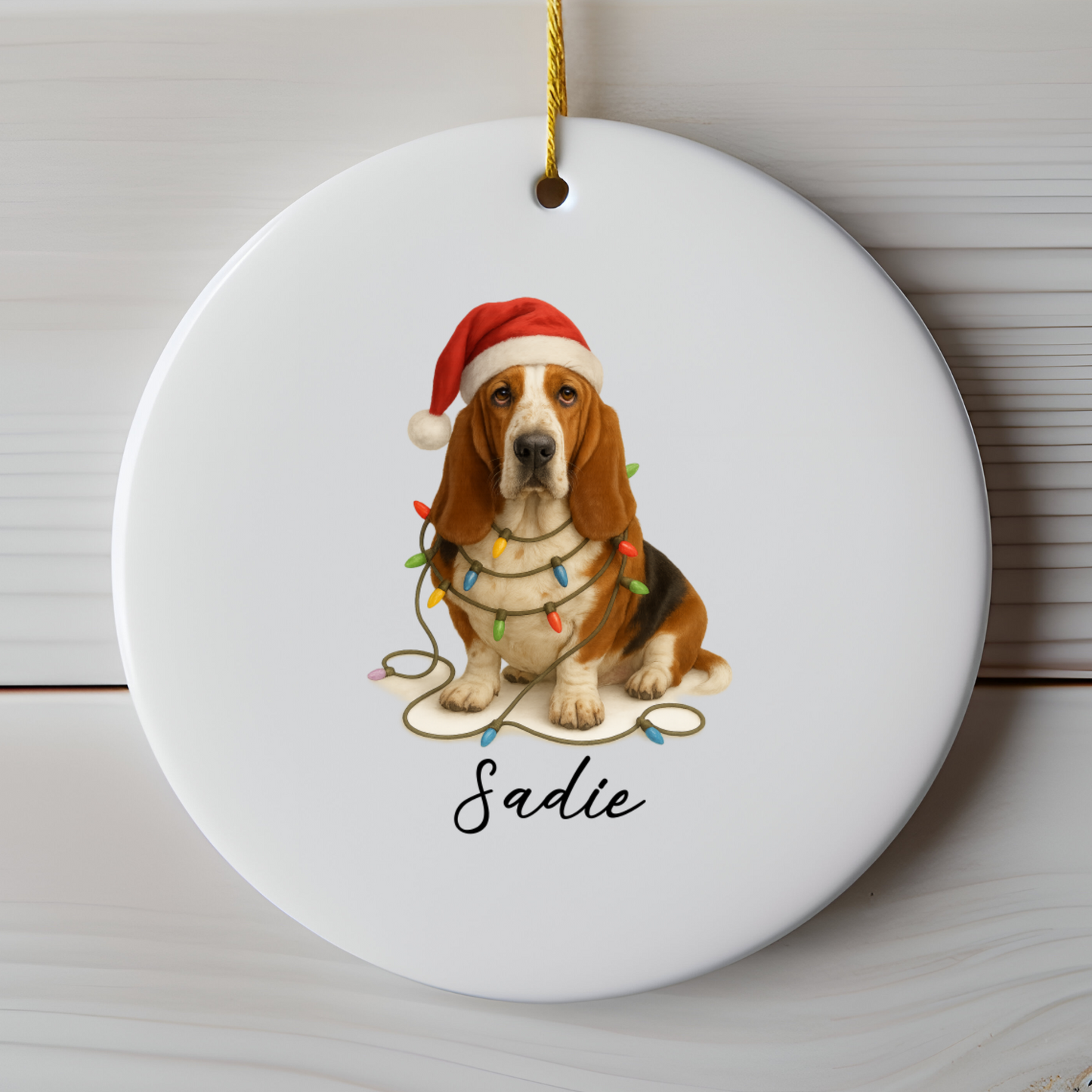 Personalized Basset Hound Christmas Ornament, Ceramic Dog Decor, Santa Hat Lights Keepsake