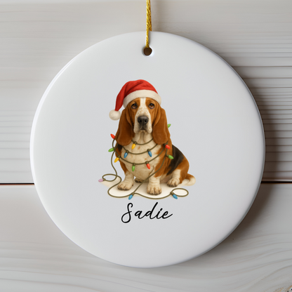 Personalized Basset Hound Christmas Ornament, Ceramic Dog Decor, Santa Hat Lights Keepsake