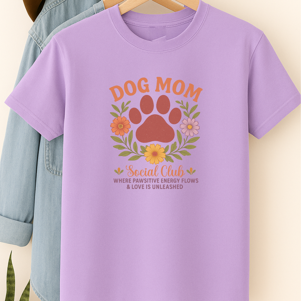 Dog Mom Social Club T-Shirt – Pawsitive Energy & Love Unleashed Floral Paw Design