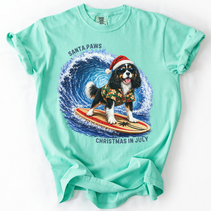 Christmas in July Gift for Tricolor Cavalier Lovers, Santa Paws Beach Shirt