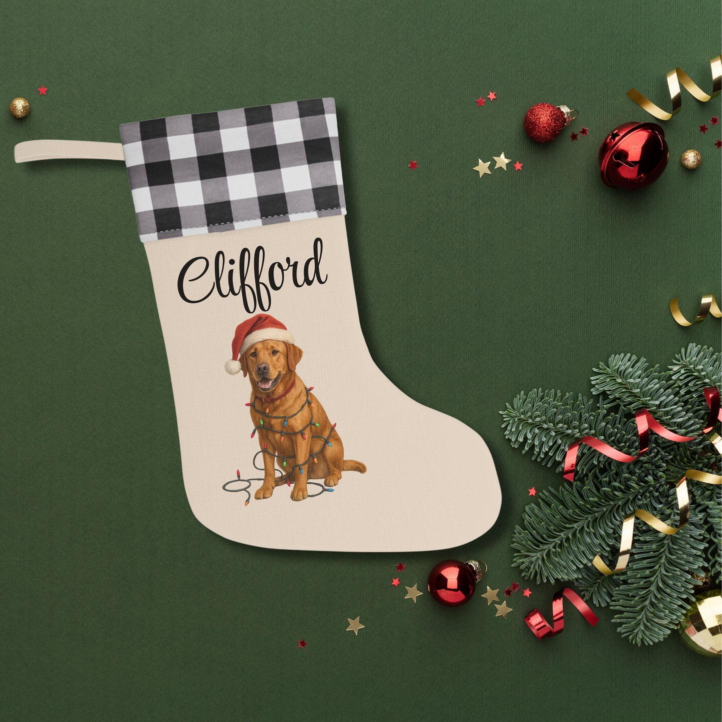 Personalized Fox Red Labrador Retriever Christmas Stocking, Custom Dog Name Holiday Stocking, Labrador Lover Gift, Pet Christmas Decor