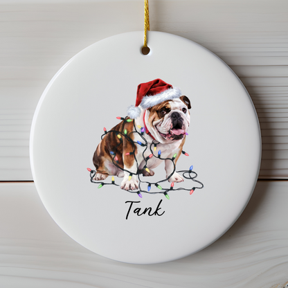 Personalized Bulldog Christmas Ornament, Ceramic Dog Lover Keepsake, Festive Lights Decoration