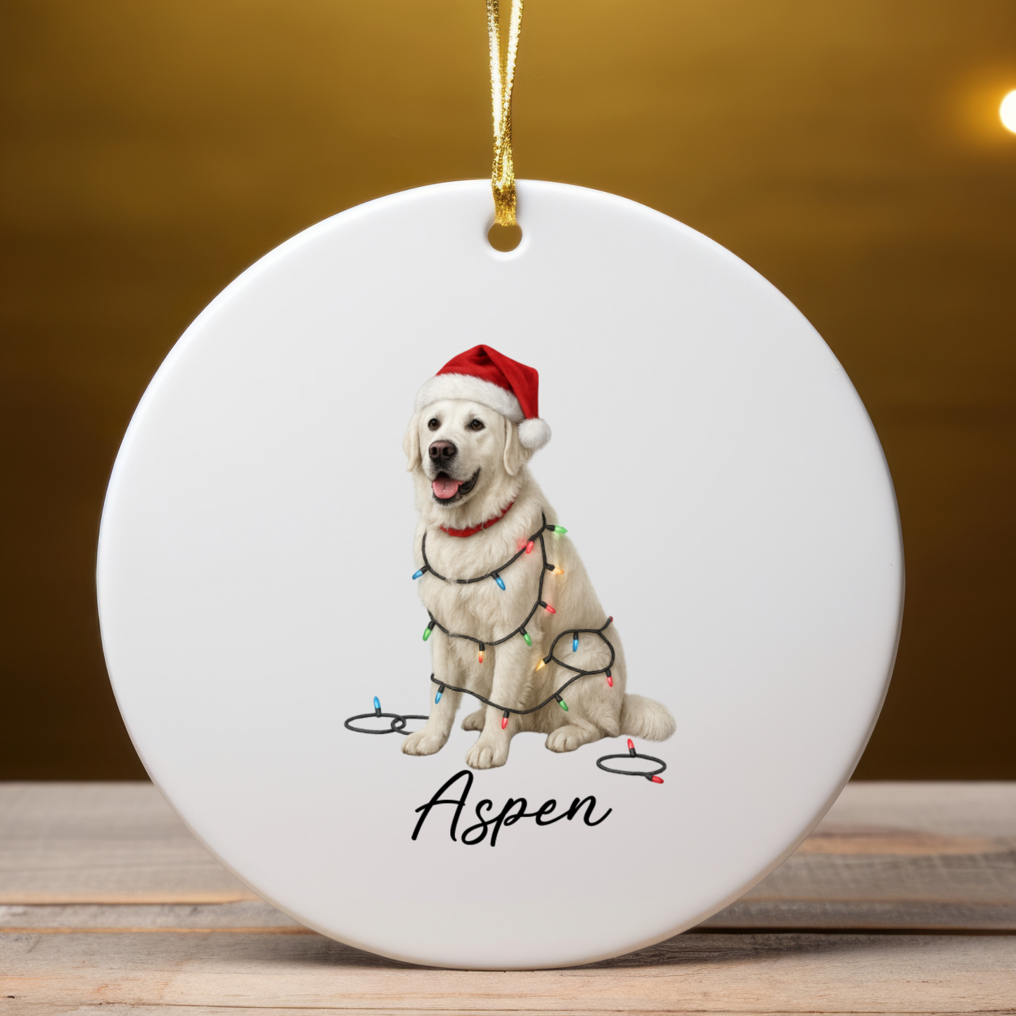 Personalized English Cream Golden Retriever Christmas Lights Ornament