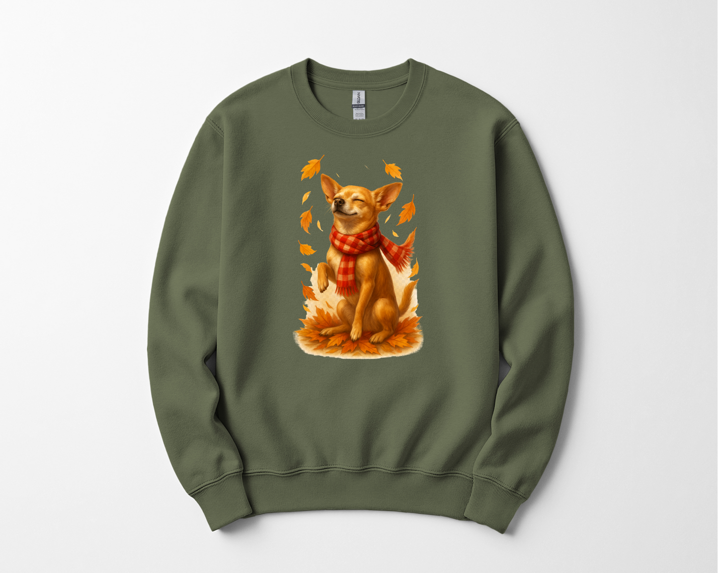 Chihuahua in Autumn Leaves T-shirt, Fall Dog Sweatshirt, Pet Lover Gift, Cozy Canine Apparel, Chihuahua in Scarf, Dog Mom Present