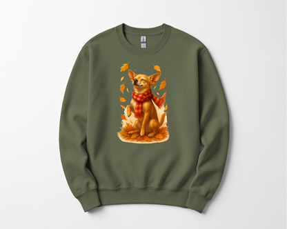 Chihuahua in Autumn Leaves T-shirt, Fall Dog Sweatshirt, Pet Lover Gift, Cozy Canine Apparel, Chihuahua in Scarf, Dog Mom Present