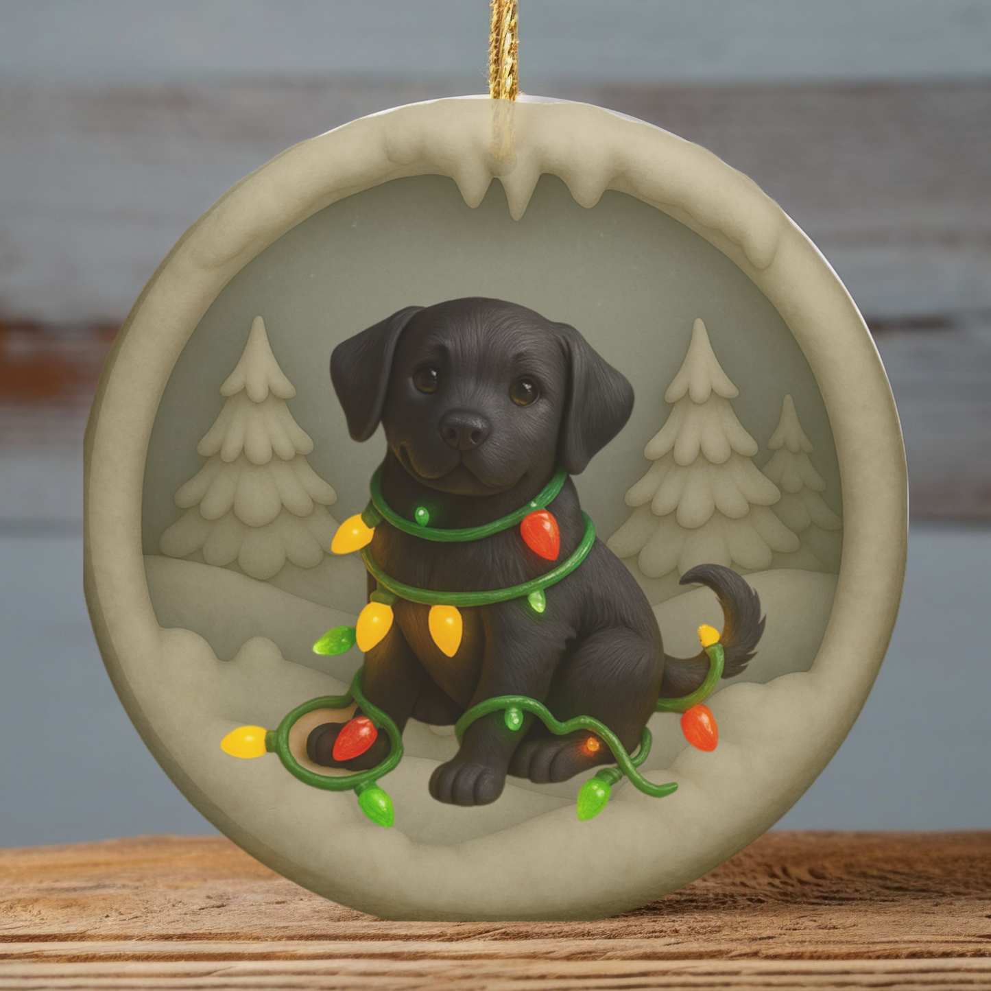 Black Lab Christmas Ornament, Personalized Labrador Retriever Puppy with Holiday Lights, Custom Dog Lover Gift, Tree Decoration