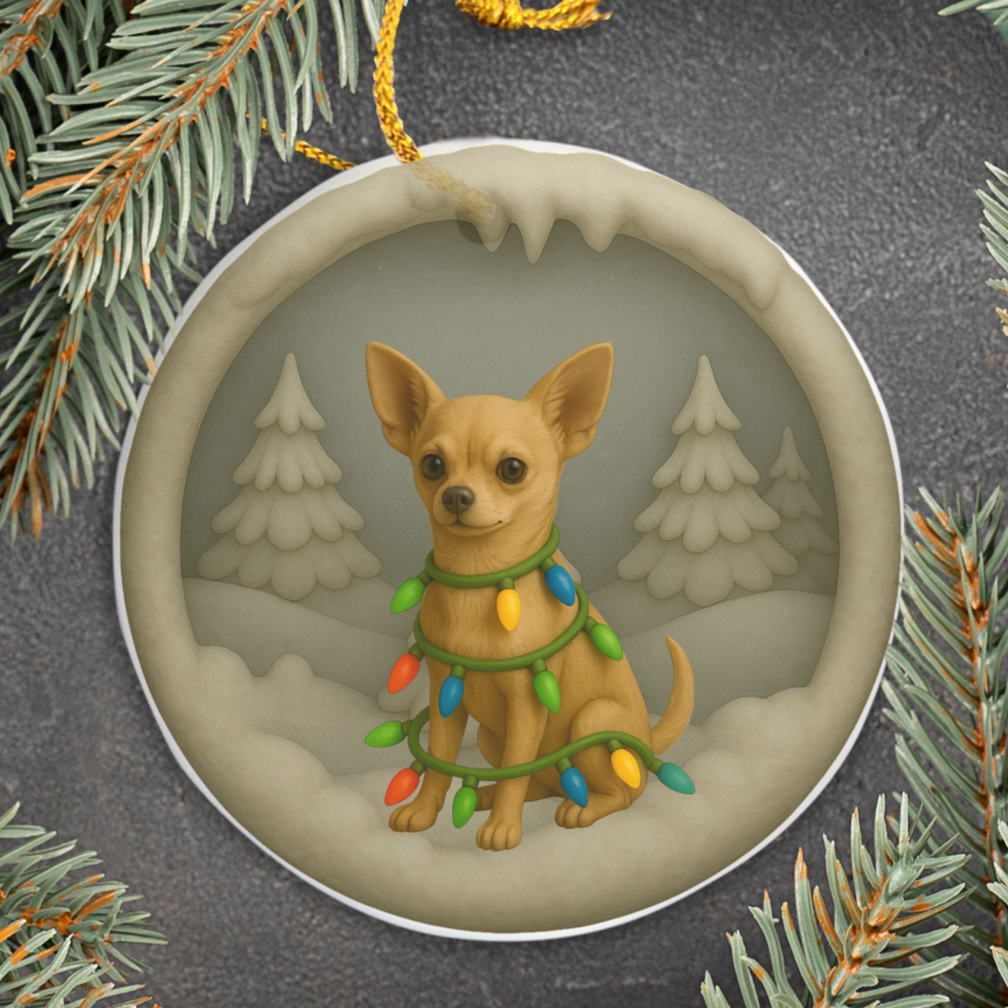 Personalized Chihuahua Christmas Ornament, 3D Clay-Style Dog Ornament with Lights