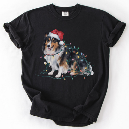 Shetland Sheepdog Christmas Lights Shirt, Festive Holiday Tee for Sheltie Lovers