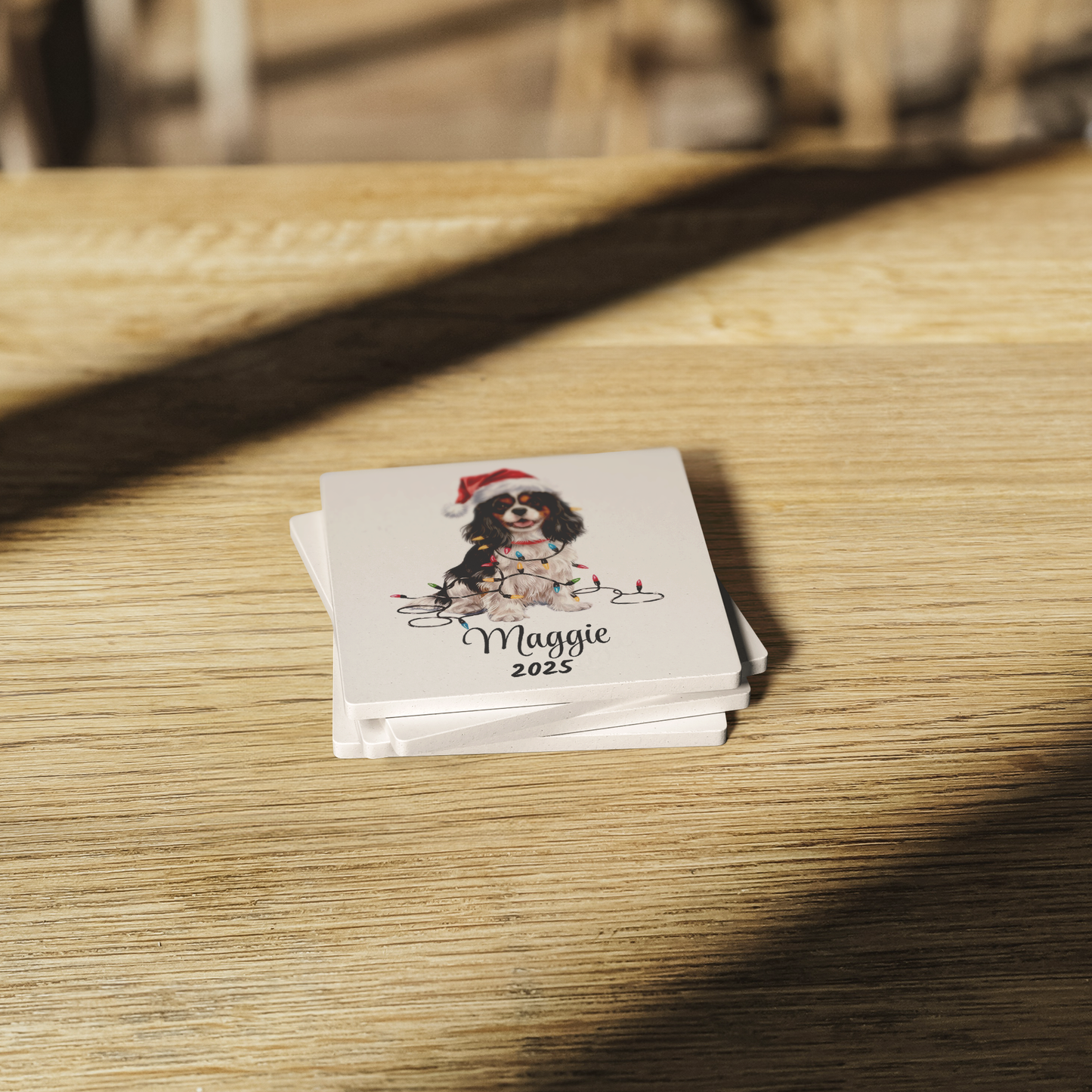 Personalized Tri-Color Cavalier King Charles Spaniel Christmas Coaster Set