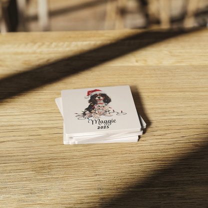 Personalized Tri-Color Cavalier King Charles Spaniel Christmas Coaster Set