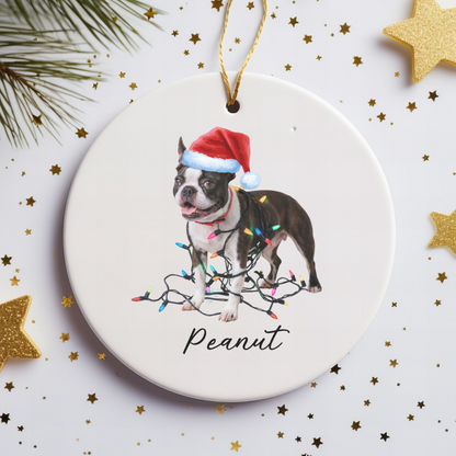 Personalized Boston Terrier Christmas Ornament, Ceramic Dog Lover Gift, Festive Lights Tree Decor
