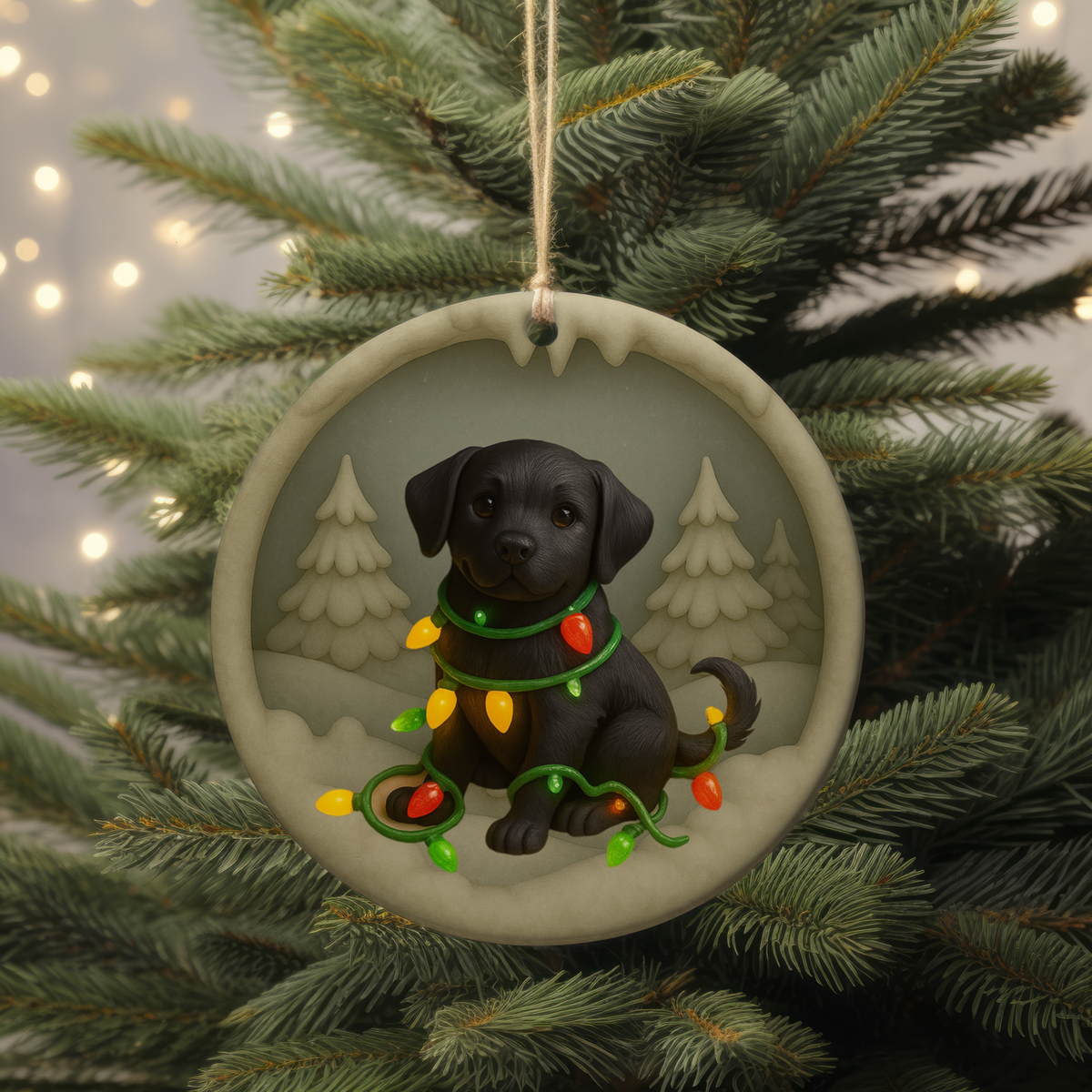 Black Lab Christmas Ornament, Personalized Labrador Retriever Puppy with Holiday Lights, Custom Dog Lover Gift, Tree Decoration