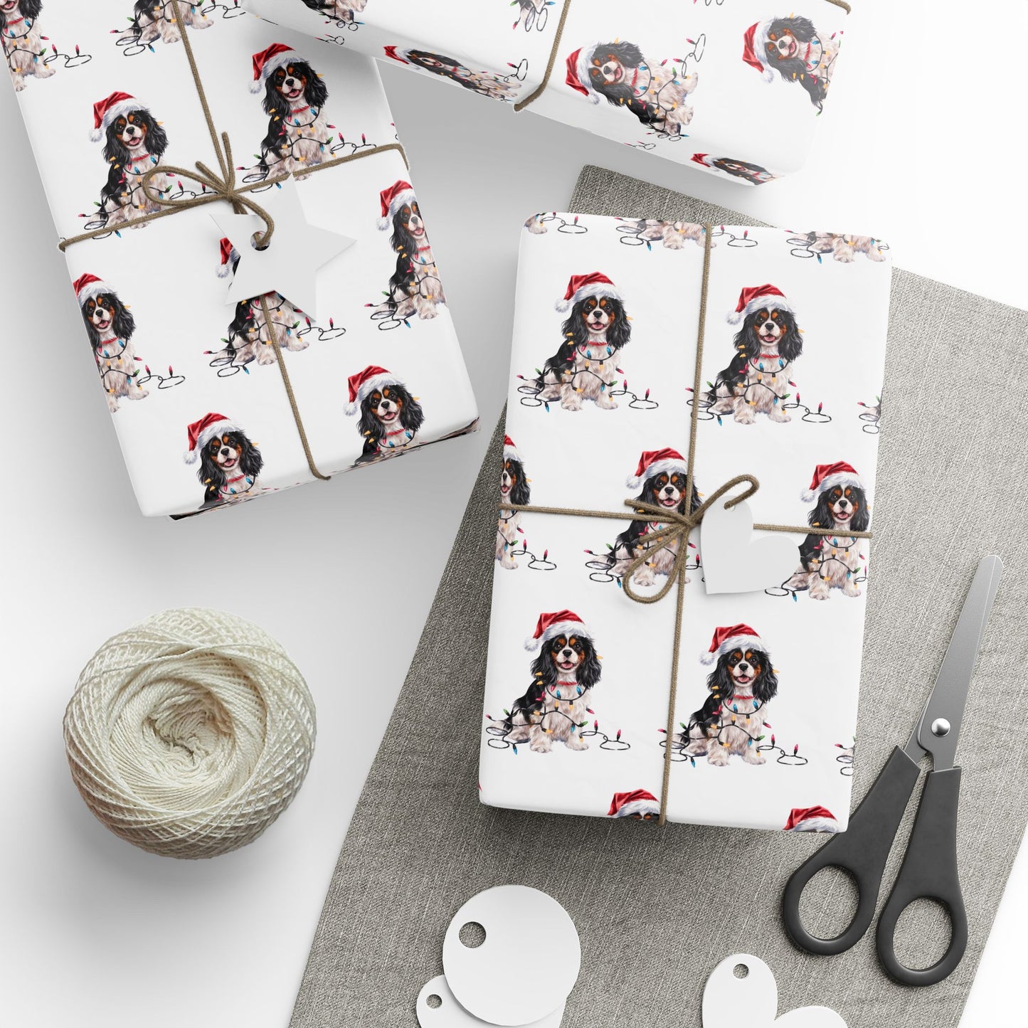 Tri-Color Cavalier King Charles Spaniel Christmas Lights Wrapping Paper