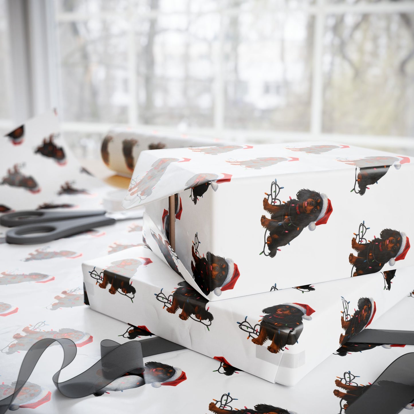 Black and Tan Cavalier King Charles Spaniel Christmas Lights Wrapping Paper