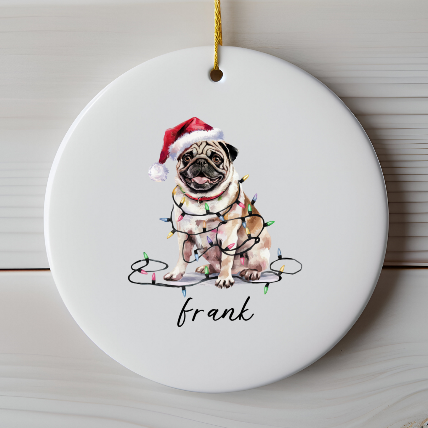 Pug Christmas Ornament, Personalized Tan Pug Keepsake