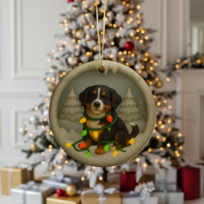 Personalized Bernese Mountain Dog Christmas Ornament, Custom Dog with Holiday Lights Keepsake
