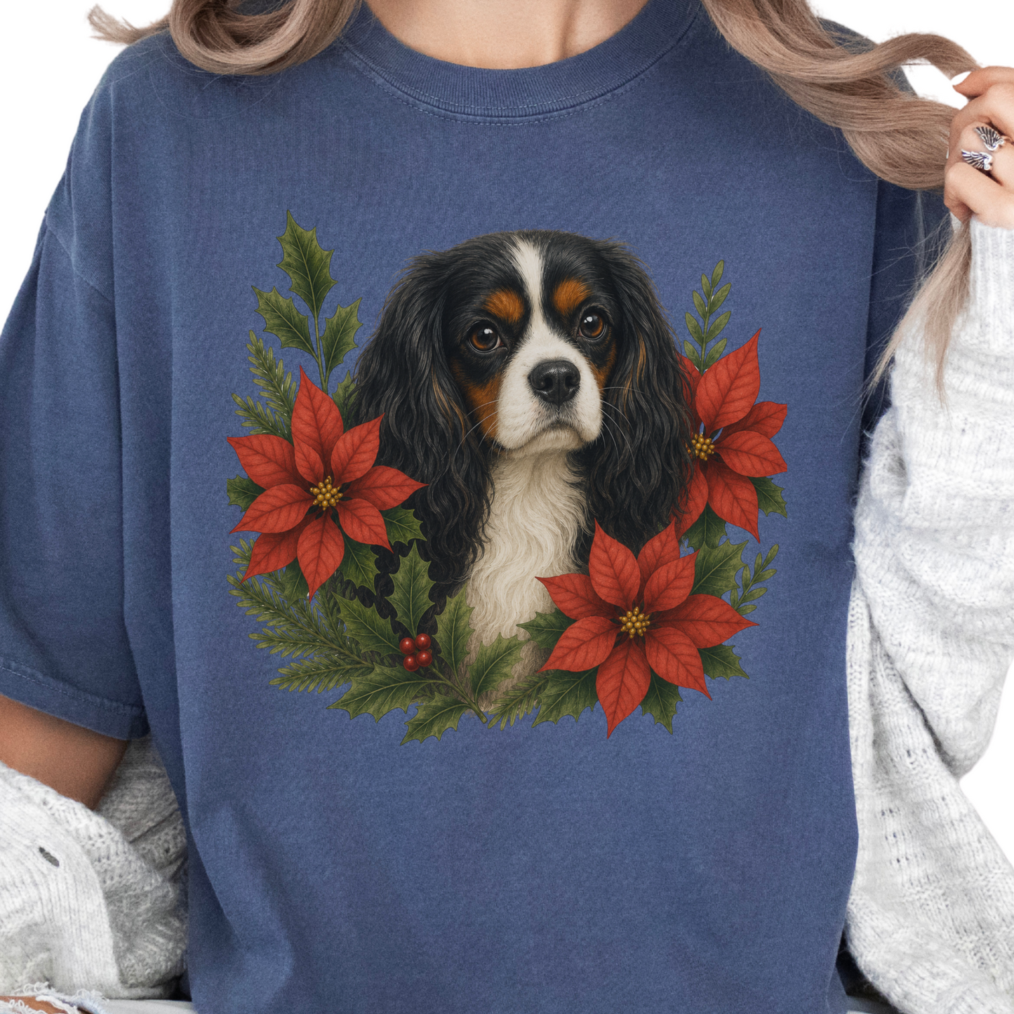 Tricolor Cavalier Christmas Shirt, Poinsettia Dog Mom Holiday Tee