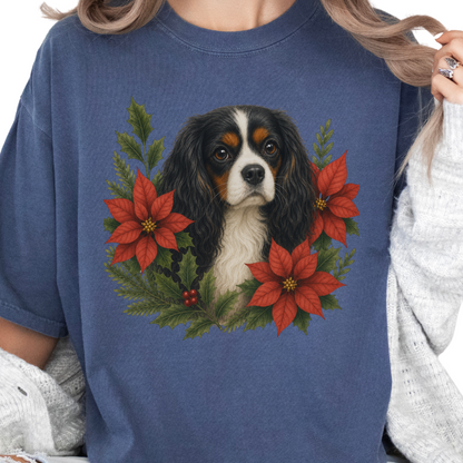 Tricolor Cavalier Christmas Shirt, Poinsettia Dog Mom Holiday Tee