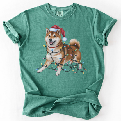 Red Shiba Inu Christmas Lights Shirt, Festive Holiday Tee for Shiba Fans