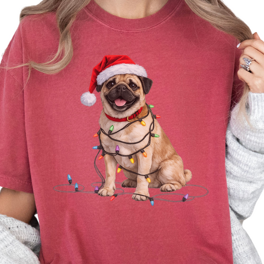Christmas Fawn Pug Shirt, Christmas Dog Tee, Christmas Lights Dog Tee, Pug Mom Tshirt, Gift for Dog Lover, Pug