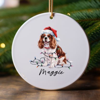 Personalized Blenheim Cavalier King Charles Spaniel Christmas Ornament, Tangled Lights Ceramic Keepsake
