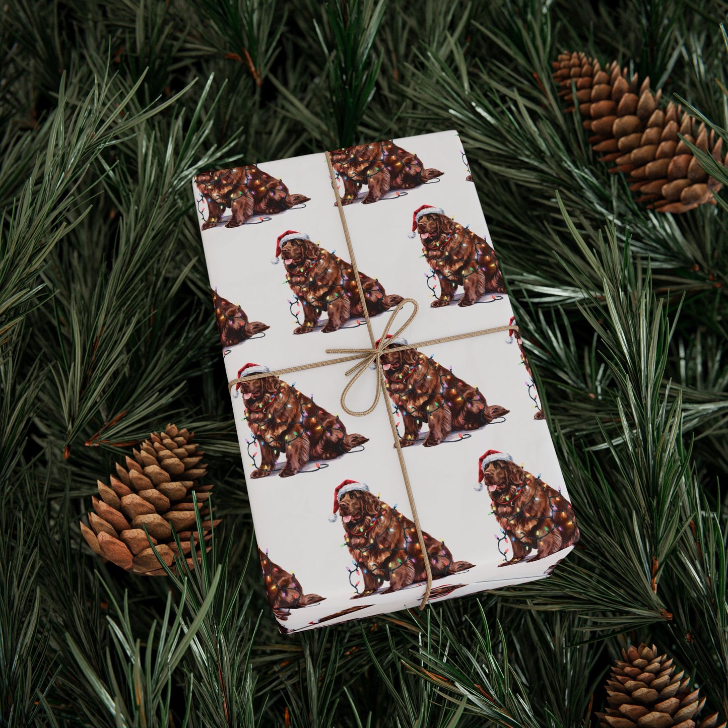 Brown Newfoundland Christmas Lights Wrapping Paper
