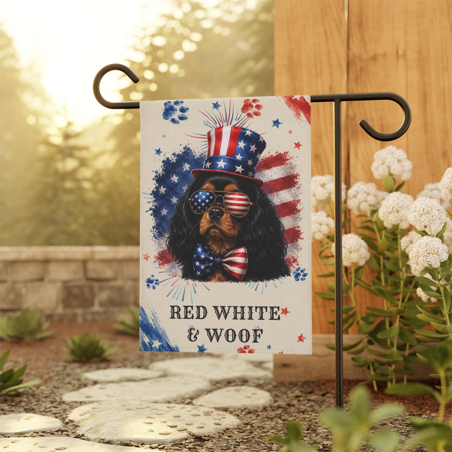 Patriotic Black and Tan Cavalier Garden Flag