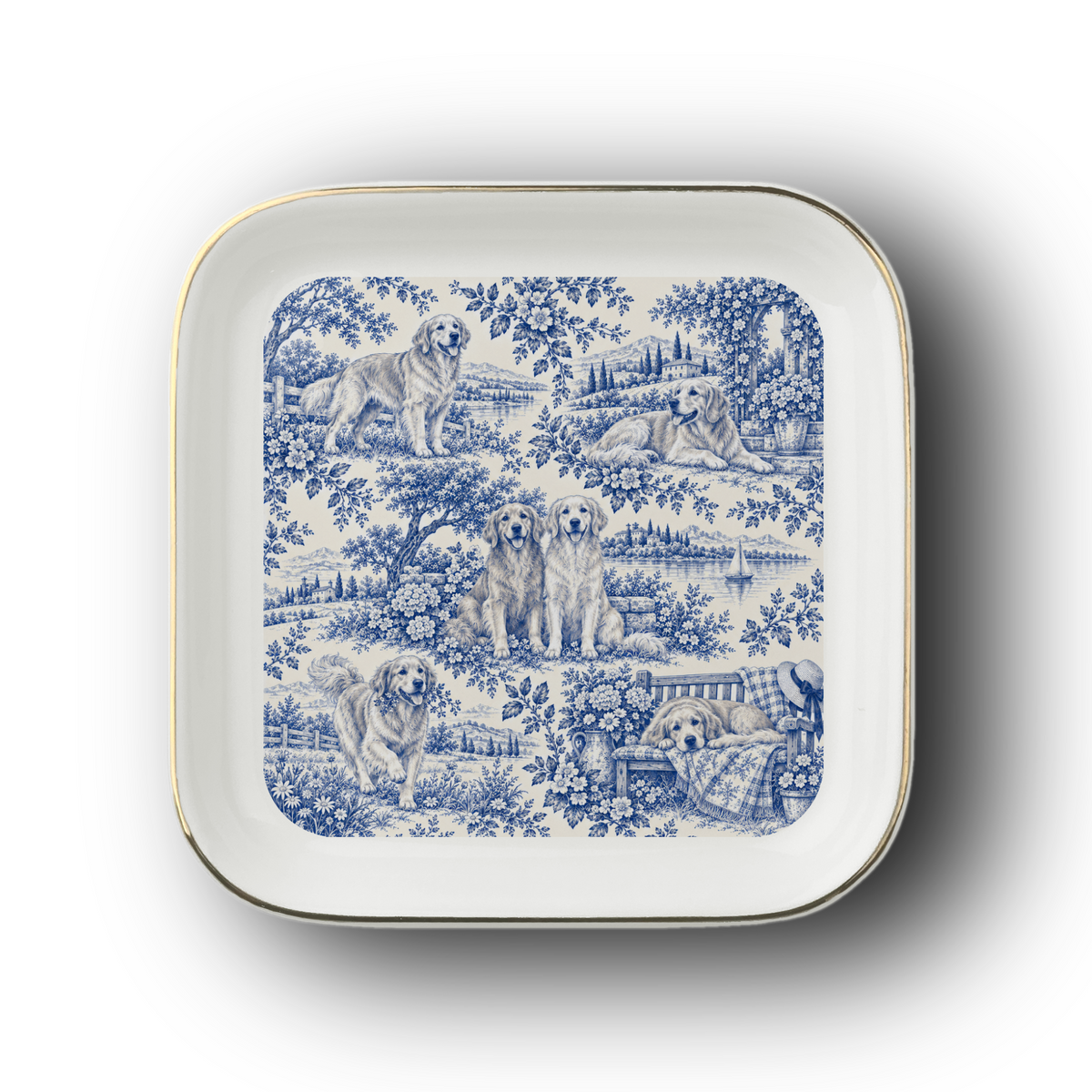 Golden Retriever Jewelry Dish, Blue Toile Dog Ring Dish, Golden Mom Gift, Trinket Tray