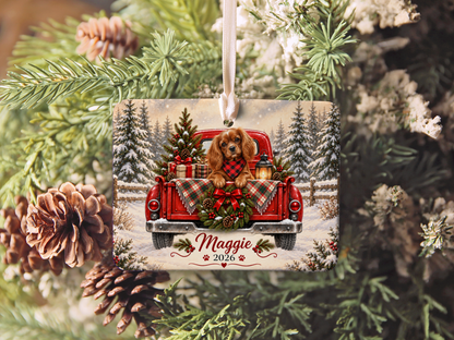 Personalized Ruby Cavalier Ornament, Christmas Red Truck, Custom Name and Year