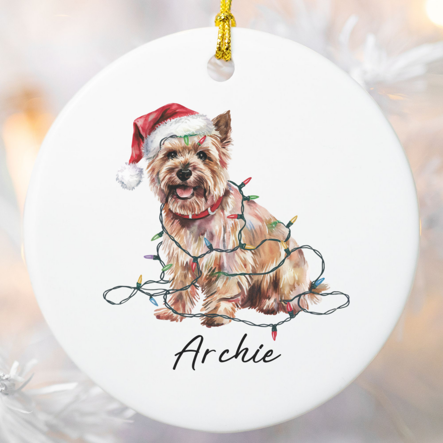 Personalized Cairn Terrier Christmas Ornament, Festive Dog Lights Keepsake, Ceramic Tree Decoration