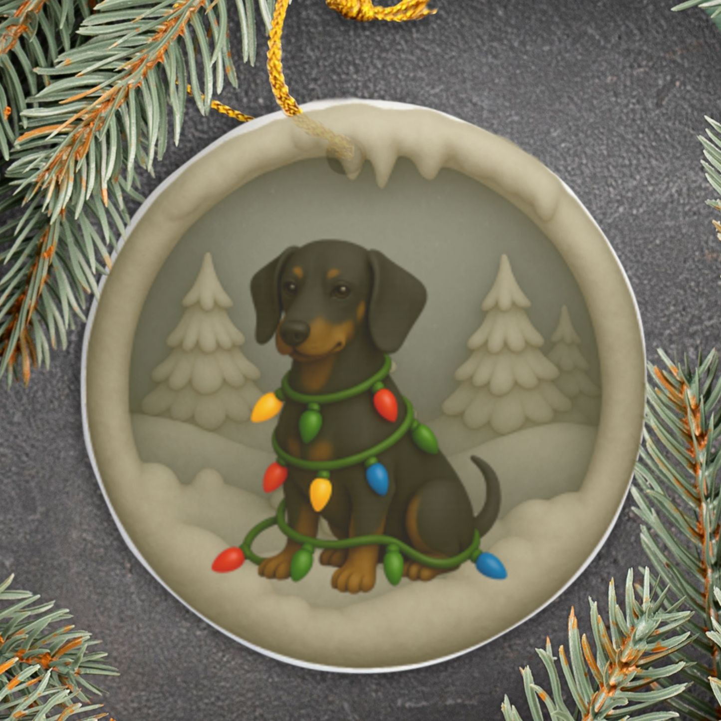 Personalized Black & Tan Dachshund Christmas Ornament, 3D Clay-Style Dog Keepsake with Lights