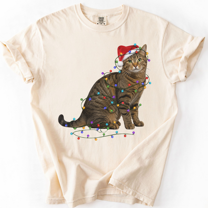 Brown Tabby Cat Christmas Lights Shirt, Comfort Colors Holiday Cat Lover Tee
