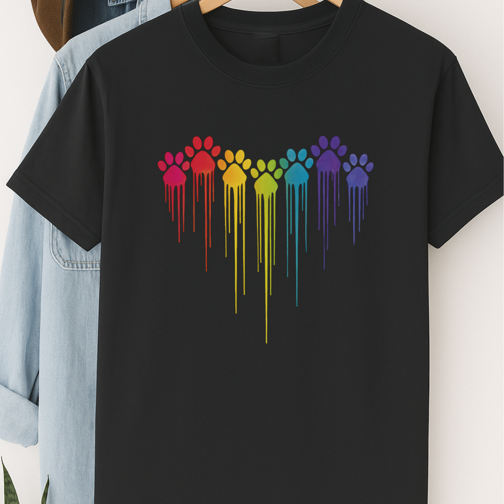 Rainbow Paw Print Heart Shirt Dog Lover Pride Tee Colorful Dripping Paw T-shirt Pet Parent Gift Animal Rescue Support Shirt