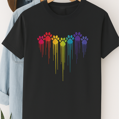 Rainbow Paw Print Heart Shirt Dog Lover Pride Tee Colorful Dripping Paw T-shirt Pet Parent Gift Animal Rescue Support Shirt