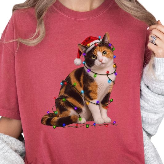 Calico Cat Christmas Lights Shirt, Comfort Colors Holiday Cat Lover Tee