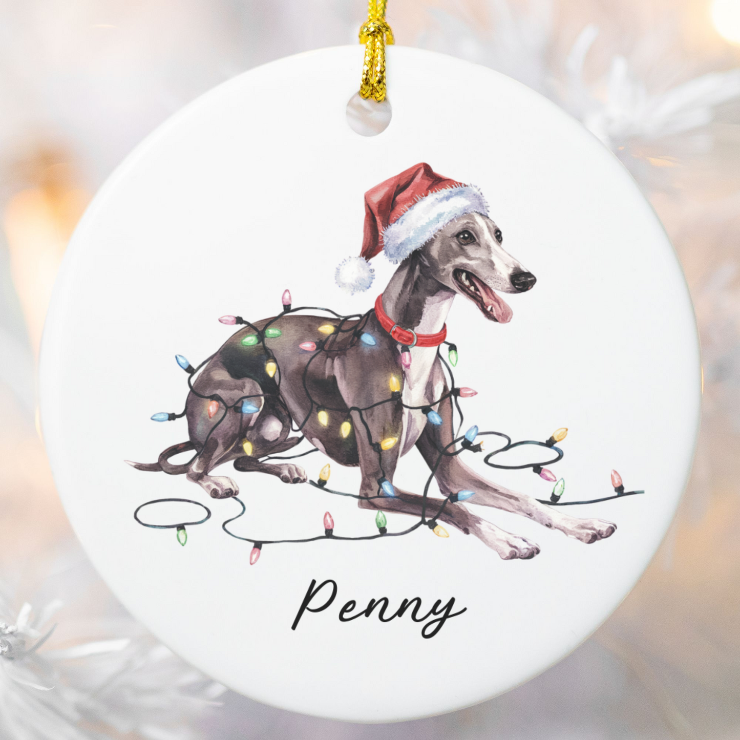 Personalized Greyhound Christmas Ornament, Ceramic Dog Lover Gift, Holiday Pet Keepsake
